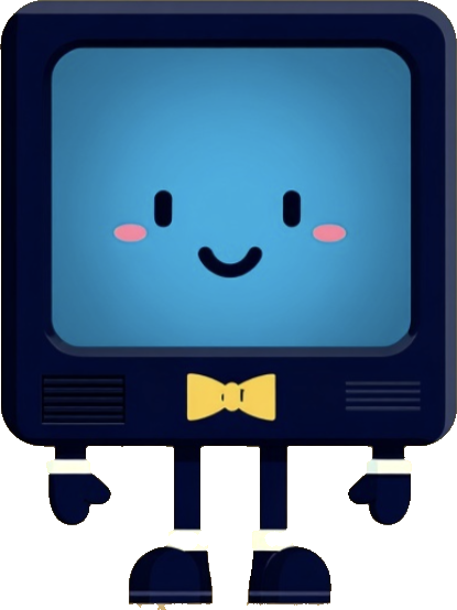 Colin the Computer, a navy blue monitor with a smiling face and yellow bow tie