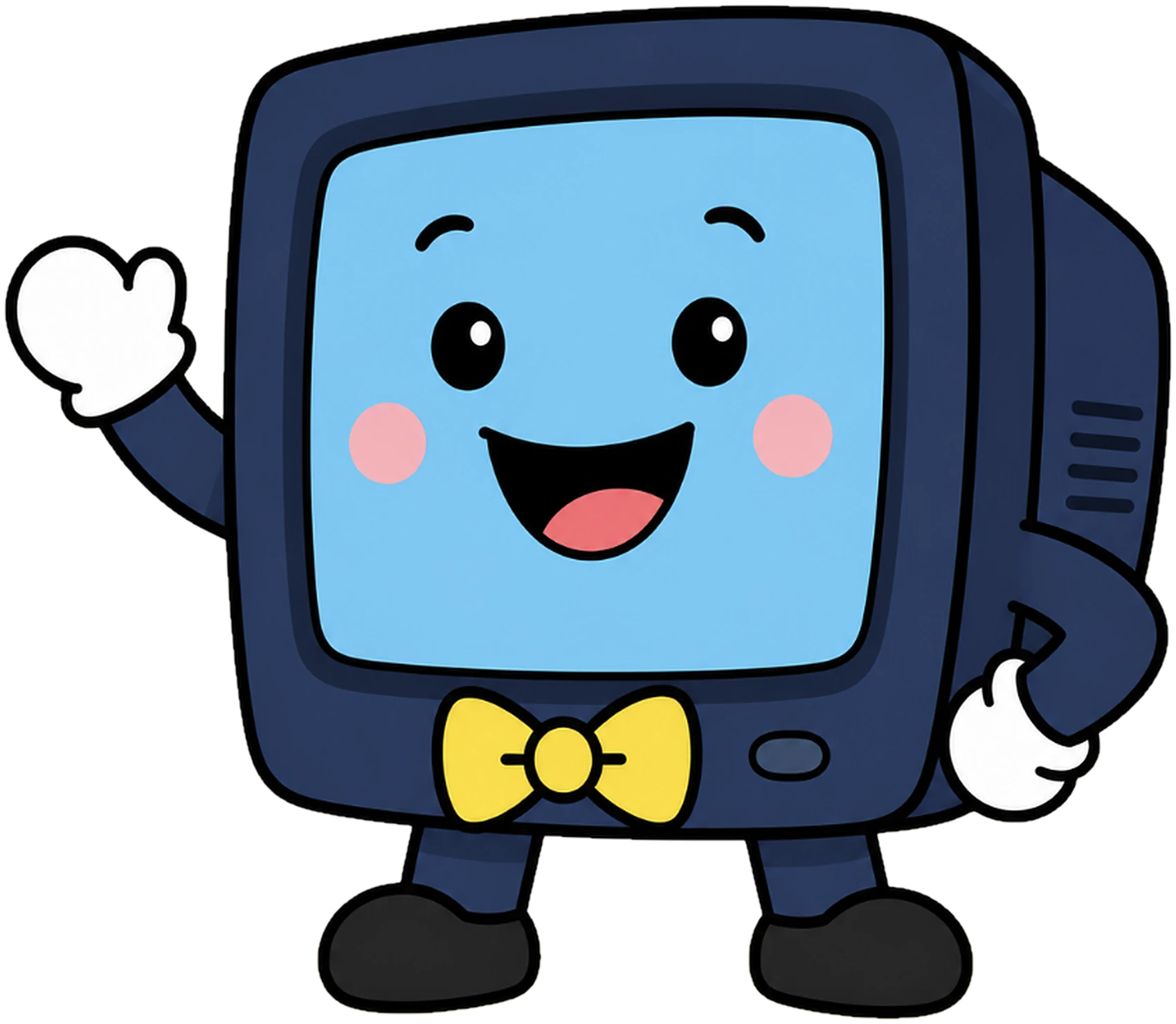Colin the Computer, a navy blue monitor with a smiling face and yellow bow tie
